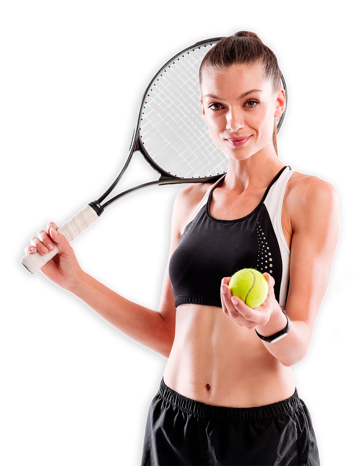 Una giovane tennista sorridente guarda di fornte a sé, con una mano tiene una pallina da tennis e col l'altra regge una racchetta che ha poggiata in spalla.